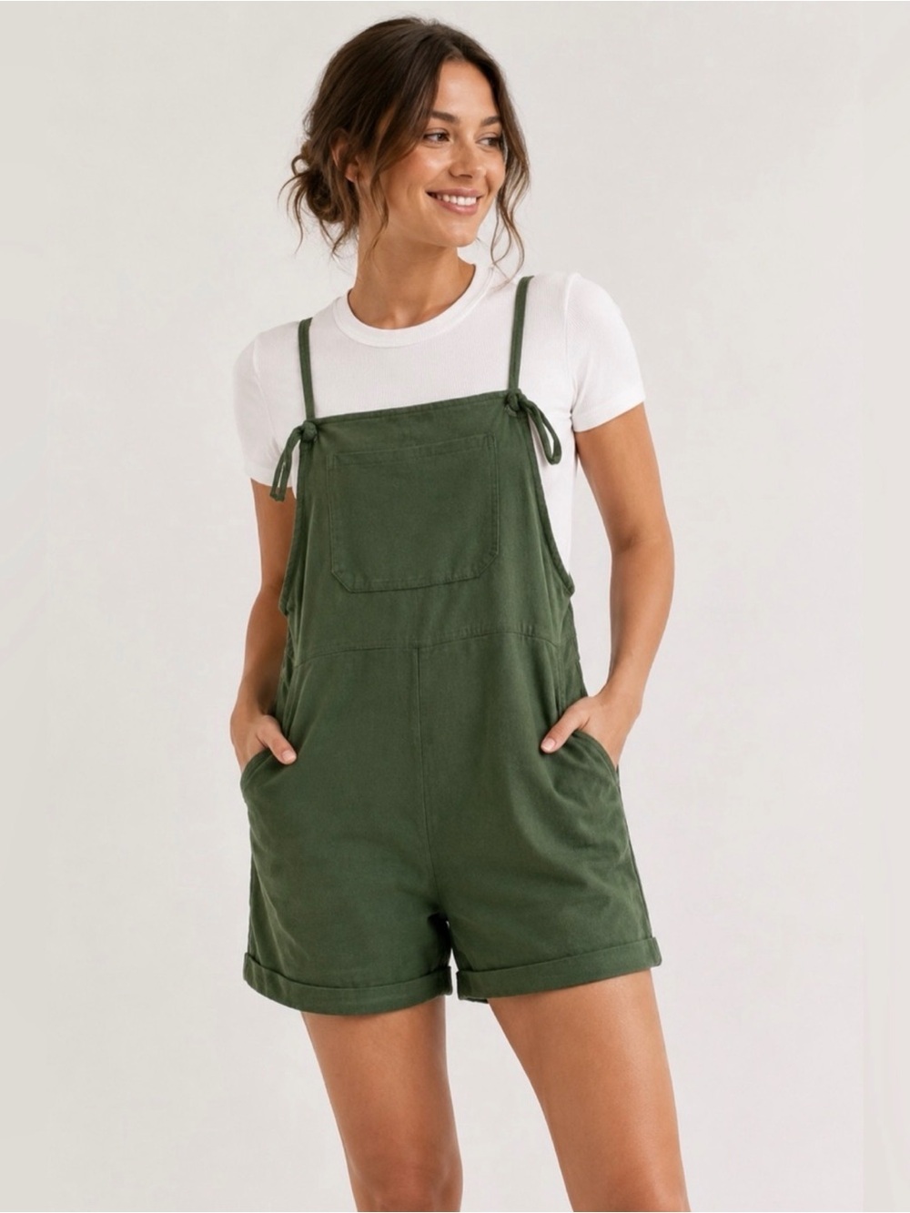 NWT CIDER Olive Green Tie Strap Overall Romper Shortalls Casual Sz Large